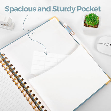 SKYDUE Hardcover Spiral Notebook, 300 Pages 8" x 10" College Ruled Notebook for Work with Dividers & Pockets, 5 Subject Notebook Journals for Women, Double Wire Bound, Tab Stickers Included, Blue