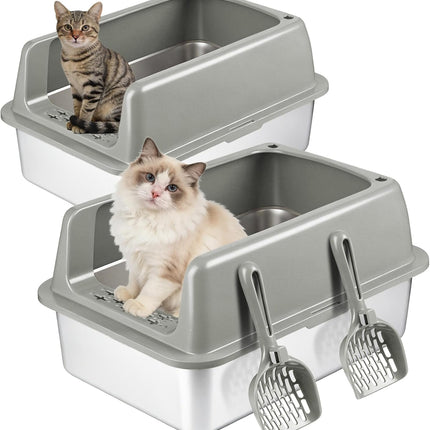 Kirecoo 2 Pack Stainless Steel Litter Box with Lid, Large Enclosed Metal Cat Litter Box Pan High Sided, Easy Clean Anti-Leakage Litterbox Tray for Indoor Big Cats, Kittens or Multicat, Scoop Included
