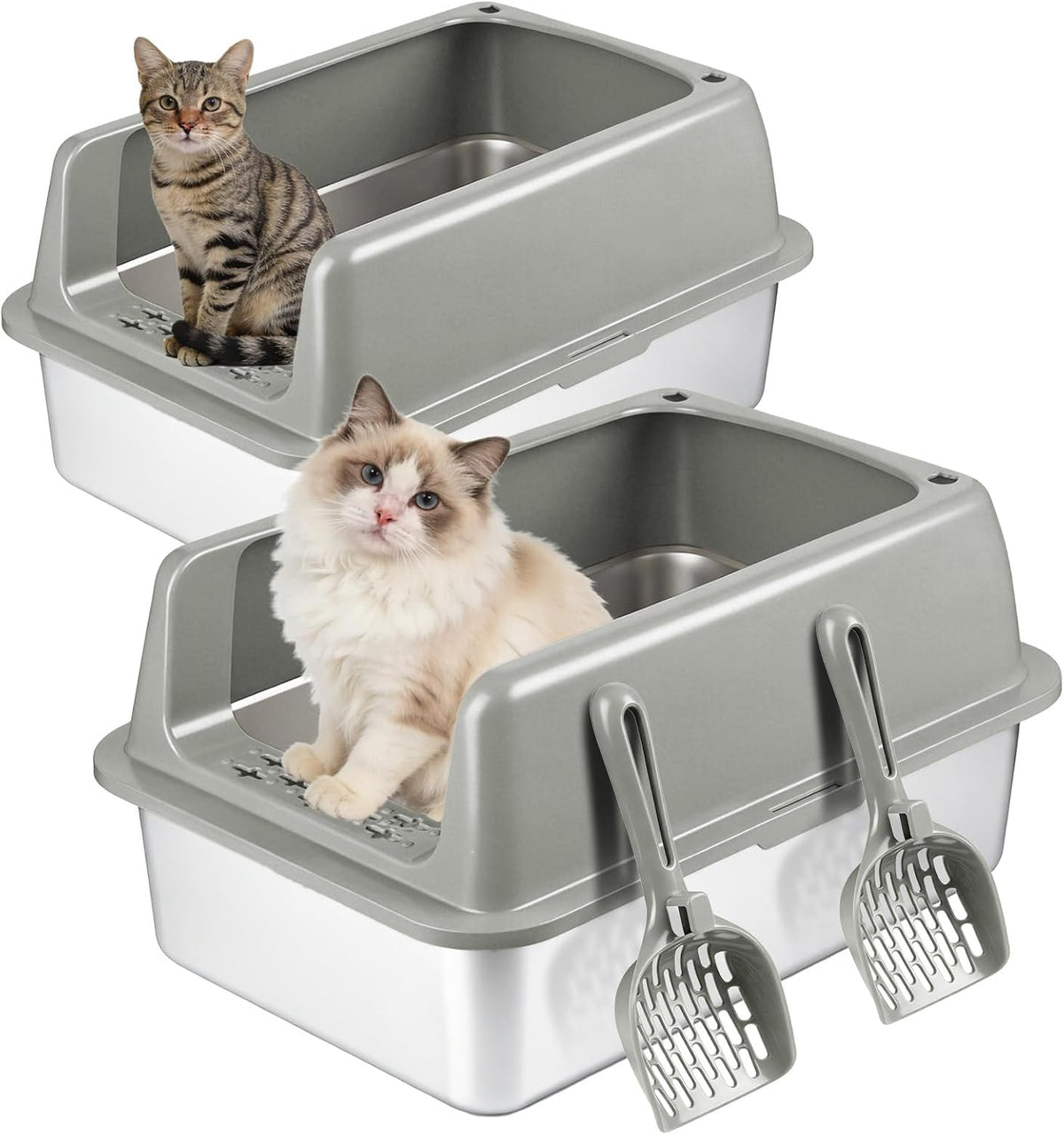 2 Pack Stainless Steel Enclosed Cat Litter Boxes with Lid and Scoop