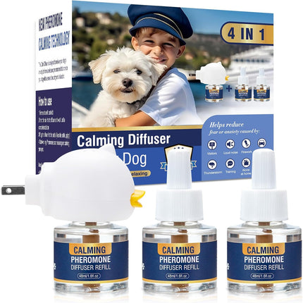 Dog Pheromone Calming Diffuser 4 In 1 Appeasing Pet Pheromones Diffuser to Calm Kit (Plug in+ 3 Pack 48ml Refill) for Anxiety Relief Reduce Barking Aggression Fighting Stress 90 Day Supply(Tasteless)
