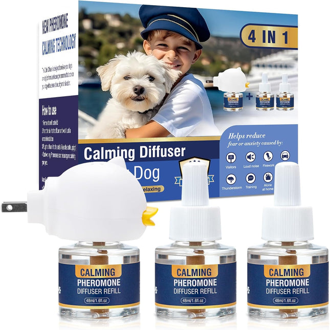 Dog Pheromone Calming Diffuser 4 In 1 Appeasing Pet Pheromones Diffuser to Calm Kit (Plug in+ 3 Pack 48ml Refill) for