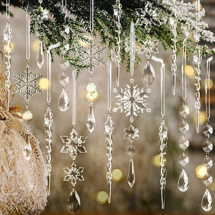 Crystal Christmas Tree Ornaments, Clear Acrylic Snowflake & Icicle, 18pcs