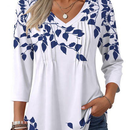 3/4 Length Sleeve Womens Tops V Neck Pleated Boho Floral Blouses