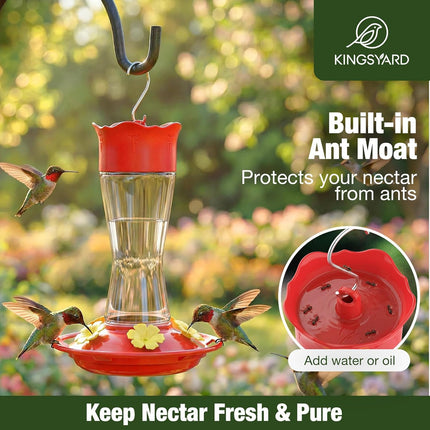 Kingsyard 2-Pack Glass Hummingbird Feeder for Outdoors Hanging, 10 oz Leak-Proof Humming Bird Feeders with Ant Moat & Bee Proof Feeding Ports, Hummingbird Gift for Bird Lovers (Clear)