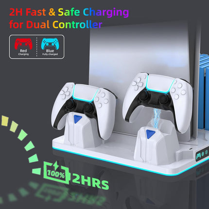 PS5/Slim/Pro Cooling Stand for Disc&Digital with Dual Controller Charging, Multi-Function P5 Accessories 3-Level Cooling Fan, 9 Lighting Modes with Games Storage Slot, White
