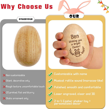 Personalized Wooden Easter Egg Shakers - Custom Engraved with Name, Perfect for Basket Stuffers, Customized Musical Maracas Instrument and First Easter Gift (Style 3)