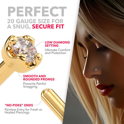 Body Candy 14K Solid Gold Nose Ring Studs - 1.5mm (0.015 cttw) Genuine Diamond L Shaped 20 Gauge 1/4" Real Gold Nose Ring Piercing Jewelry - 14 K Gold Nose Stud, Nose Piercings, Gold Nose Studs for Women, Men