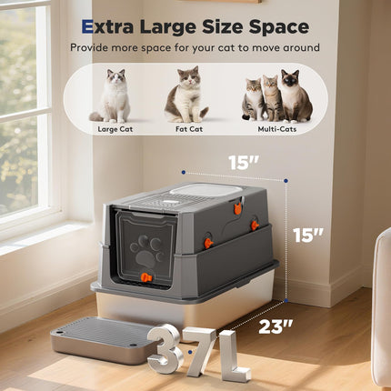Stainless Steel Litter Box with Lid, Enclosed Metal Cat Litter Box