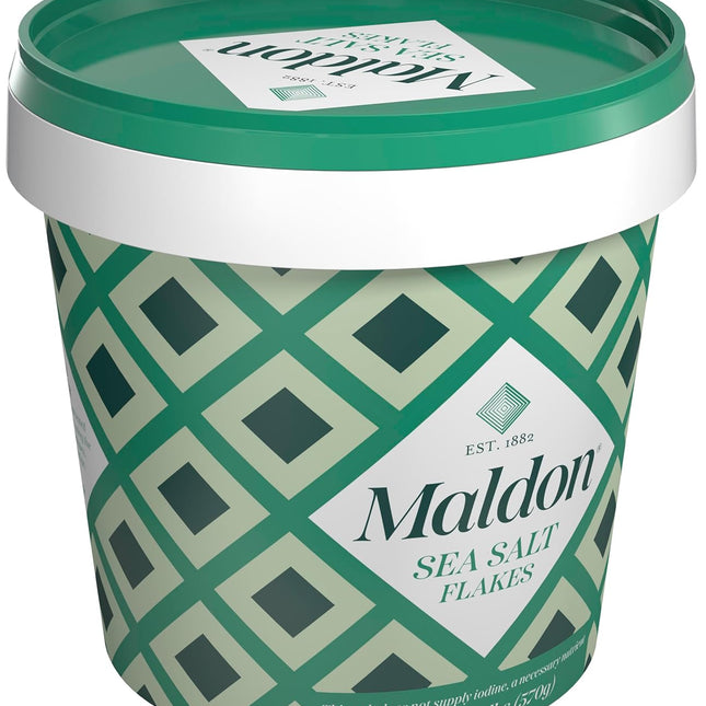 Maldon Salt, Sea Salt Flakes, 20 oz (570 g), Resealable Tub – Kosher, Natural, Unique Gourmet Pyramid Shaped Salt Flakes, Perfect for a Wide Range of Dishes, Hand-Harvested for Four Generations