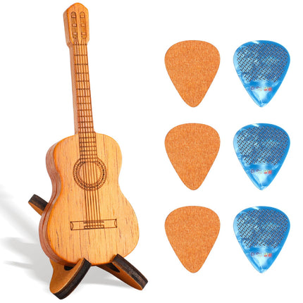 Wooden Guitar Pick Holder with Stand, Wooden Electric Guitar Styling Box with 3 Wood Picks and 3 Non-slip Celluloid Guitar Picks, Guitar Pick Storage Box Set for Guitar, Bass, Ukulele Players