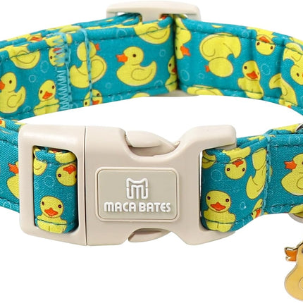 Maca Bates Cute Dog Collar with Rubber Duck Charm for Small Girl Boy Dogs, Green Yellow Ducks Pattern,Adjustable Durable Soft Plaid Collars Irish St. Patrick Gift for Male Female Puppy