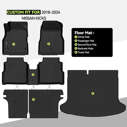 Tongama-Floor Mats for 2018-2024 Nissan Kicks, All Weather TPE Floor Liners and Trunk Mat and Backrest Mats Protectors for Nissan Kicks Waterproof Interior Accessories