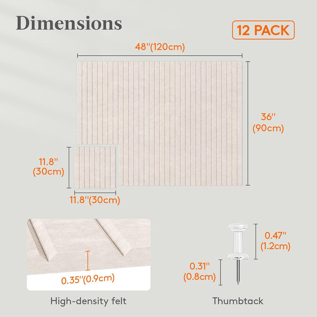Felt Slatted Bulletin Board 12-Pack, Self-Adhesive Oatmeal Panels with 30 Pushpins
