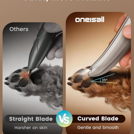 oneisall Dog Paw Trimmer, 2-Speed Up to 6500 RPM, 35dB Low-Noise Safe Pet Paw Trimmers with Curved Blade and LED Light, Cordless Pet Grooming Paw Clipper for Dogs, Cats, Paws, Ears, Face, Rump