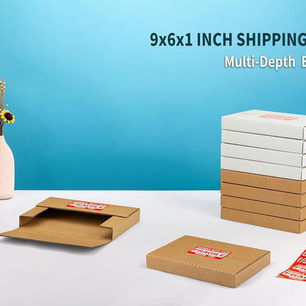 9x6x1 Inch Shipping Boxes, Brown Corrugated Cardboard, Multi-Depth DVD Mailer Boxes with Fragile Stickers, 25 Pack