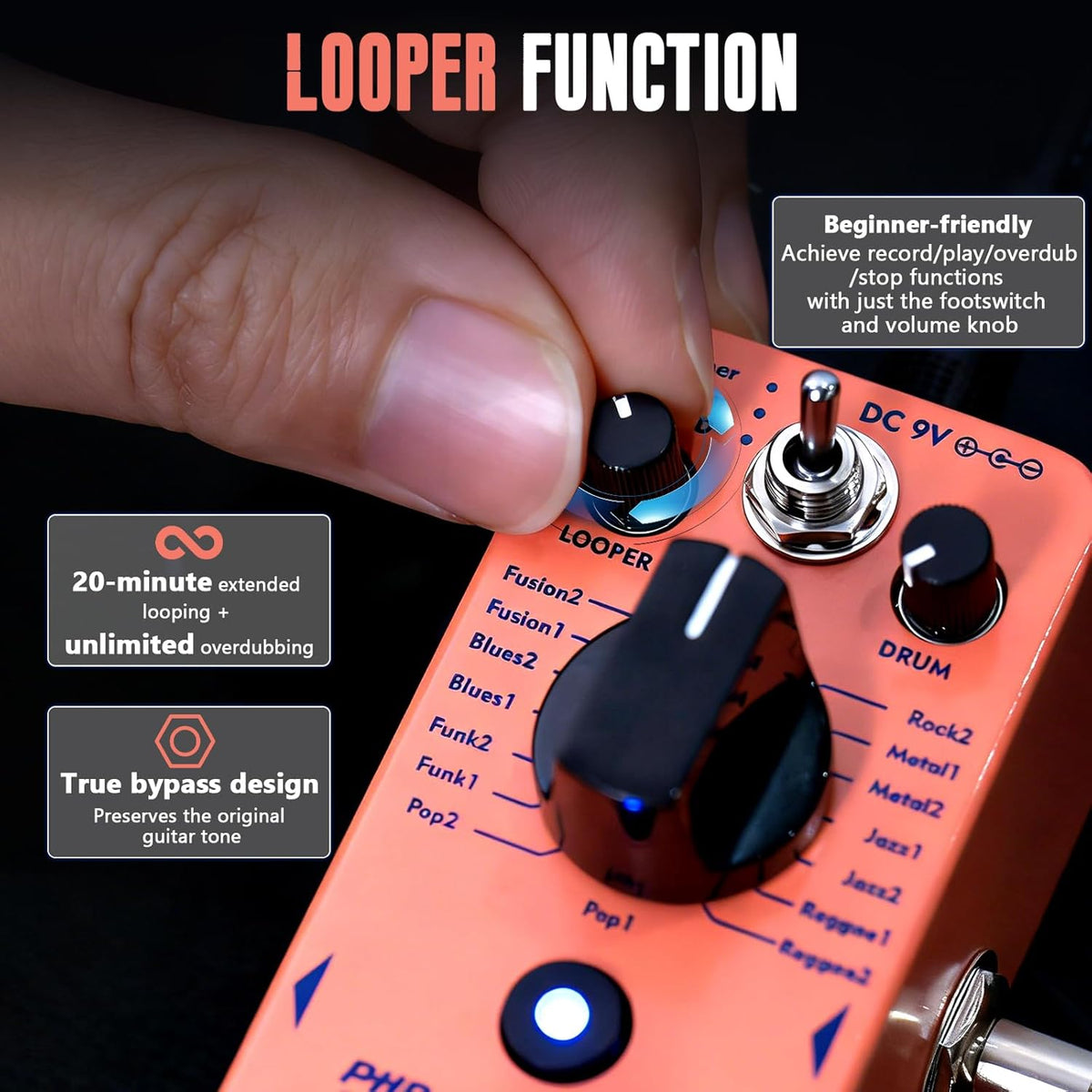 Looper Drum Machine Guitar Pedal with 20-Minute Loop - photo 3