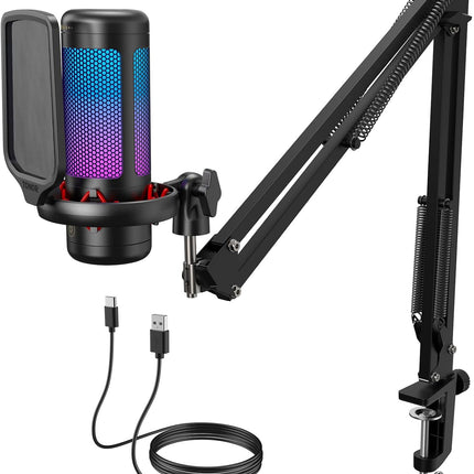 TONOR Gaming Microphone Set with Boom Arm, Vocal Condenser Microphone for PC with Stand, USB Mic with controllable RGB Light, One Tap Mute, Volume Control, for Discord, Twitch Streaming, TC310+