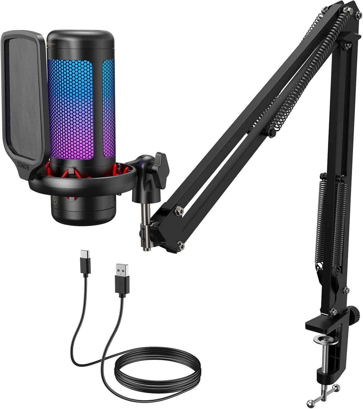 Gaming Microphone Set with Boom Arm, Vocal Condenser Microphone for PC with Stand, USB Mic with controllable RGB Light