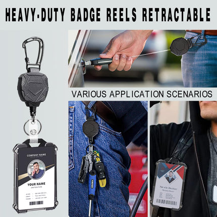 Badge Holder Retractable Clip Heavy Duty Carabiner Badge Reel Keychain with Lanyard ID Cards Holder Cool Tactical ID Holder