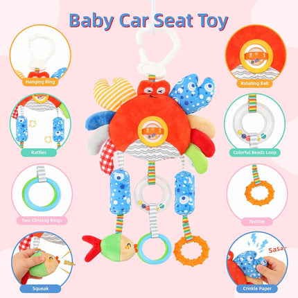 Roadtrip Car Seat Toys for Baby 6-12 Months, Infant Travel Sensory Toys with Clip, Soft Montessori Hanging Plush Toys Wind Chime, Teether, Rattle, Squeaky for Newborn Boy Girl Gifts