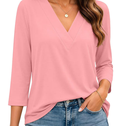 Womens 3/4 Sleeve V Neck Tops Loose Fit T Shirts Casual Blouses