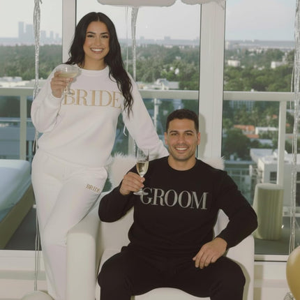 WEAR PHYSIQUE Personalized Bride Groom Gift Set, Matching Sweatshirt and Sweatpants, Honeymoon, Wedding, Bachelorette Party
