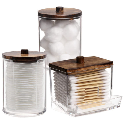 3 Pack Qtips Holder Bathroom Container, 10 oz Cotton Ball/Swabs Dispenser, Apothecary Jar Organizer for Storage Brown Wood Lids