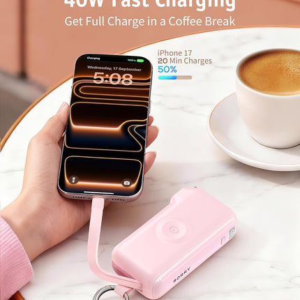 RORRY Flow Portable Charger, 10000mAh 40W Fast Charging Power Bank with Built-in USB C Cable and Foldable Wall Plug, Battery Pack Travel Essentials for iPhone 17/16/15, Apple Watch, iPad, MacBook