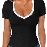 Camisetas de manga corta para mujer con cuello V, playeras de verano acanaladas 2026, ajuste slim, moda de primavera para salir, básicas
