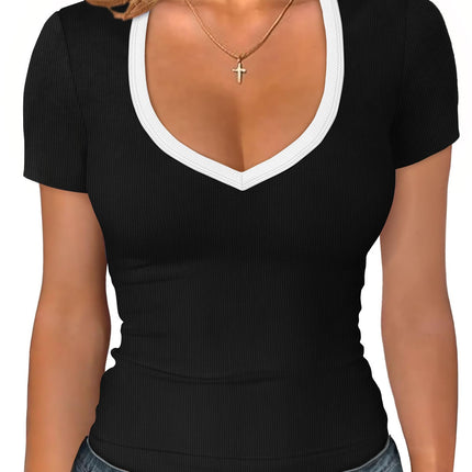 Short Sleeve Shirts for Women V Neck Summer Ribbed Tshirts 2026 Slim Fit Spring Fashion Going Out Basic Tees