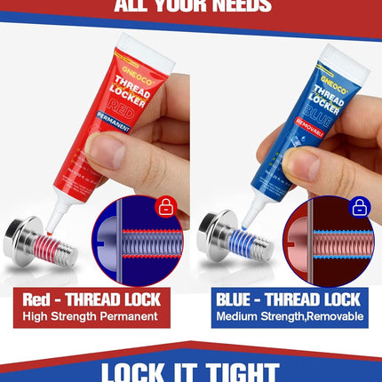 2 Pack Thread Locker Blue and Red 6mlx2 - Medium and Strong StrengthThreadlocker Metal Glue for Nuts, Bolts, Fasteners - Prevent Loosening/Corrosion (Blue and Red 6ml*2)