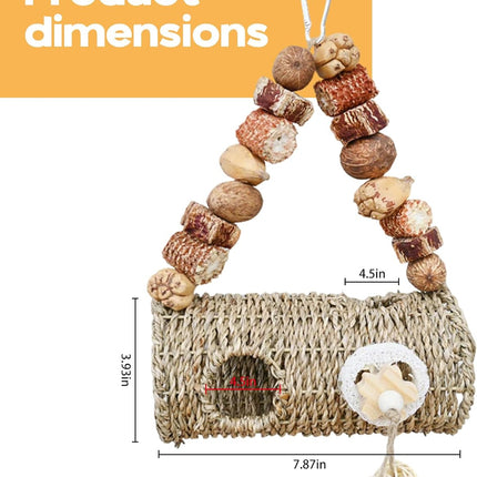 Bird Nest for Cage with Natural Chewing Toys,Hideaway Shelter Hut Parakeet Hanging Bird Tunnel Bed with Handwoven Breathable Seagrass , Small Parakeet Bed for Canary, Budgie Rest & Chew & Play(SD)
