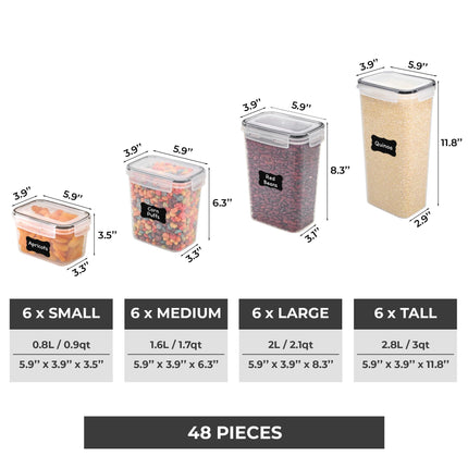 Recipientes de almacenamiento para cocina con tapas, 48 PCS recipientes herméticos para alimentos, recipientes plásticos de cocina, recipientes para despensa para cereal, alimentos secos, incluye etiquetas, marcador y cucharas medidoras