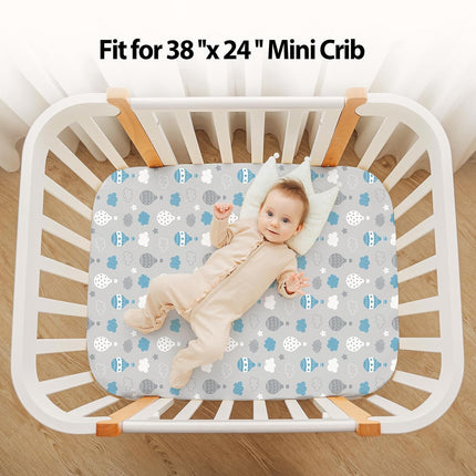 Baby Mini Crib Sheets Boy, Portable 38”x26” Pack and Play Sheets Fitted for Playard and Pack N Play Mattress, 3-Pack Soft Microfiber Blue Cloud Animals