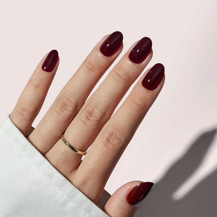 Press On Nails, Short Oval Dark Red Fake Nails, 32Pcs Full Kit