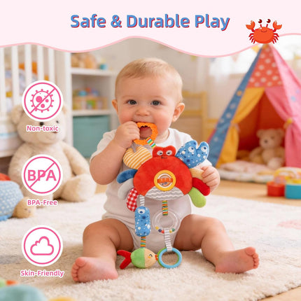 Roadtrip Car Seat Toys for Baby 6-12 Months, Infant Travel Sensory Toys with Clip, Soft Montessori Hanging Plush Toys Wind Chime, Teether, Rattle, Squeaky for Newborn Boy Girl Gifts