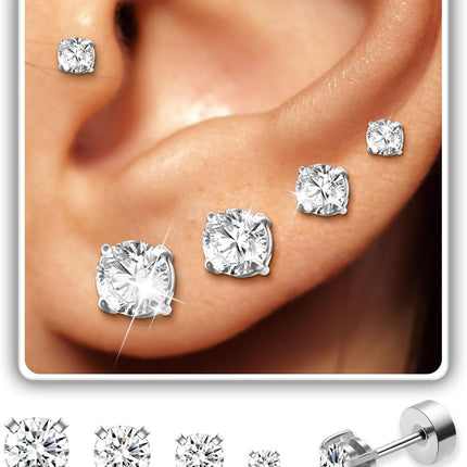 Stud Earrings for Women Men, Hypoallergenic Women's 14K Gold Plated 316L Stainless Steel CZ Studs Earrings Simulated Diamond Round Cubic Zirconia Ear Stud Set