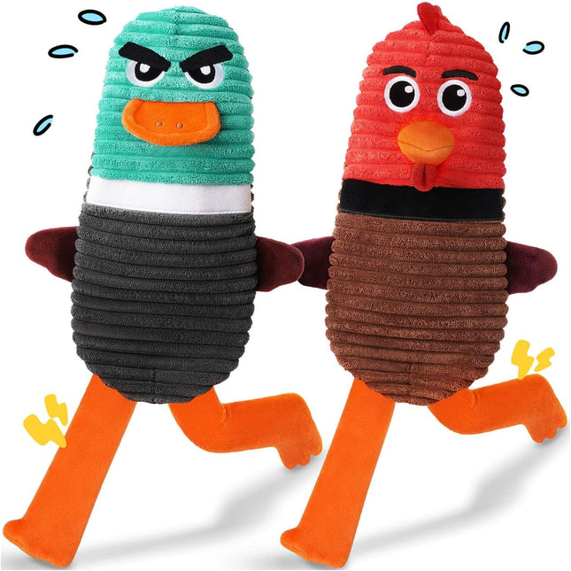 Stuffing-Free Dog Toys, 2 Pack, Chick and Duck, Squeaker and Bottle Pocket