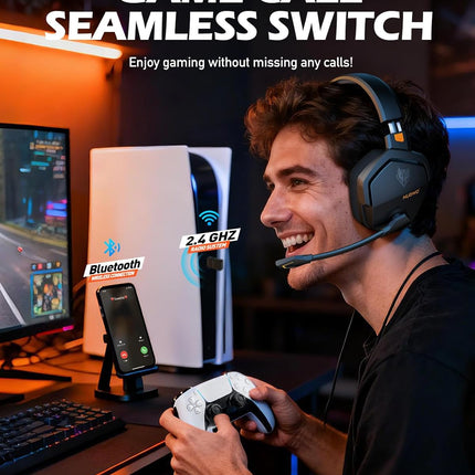NUBWO Wireless Gaming Headset with Mic for Ps5 Ps4 PC, Zero Interference, 100-Hour Battery All-Day Play, 23ms Sync for Fortnite & Call of Duty/FPS Gamers, Triple Mode All Devices Compatible - Orange