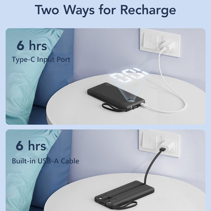 VRURC Portable Charger with Built in Cables, Slim Power Bank 10000mAh, USB C Travel Battery Pack, 5 Output 2 Input External Charging Bank for iPhone 17 16 15 14 13,Samsung,Android-Black(1 Pack)