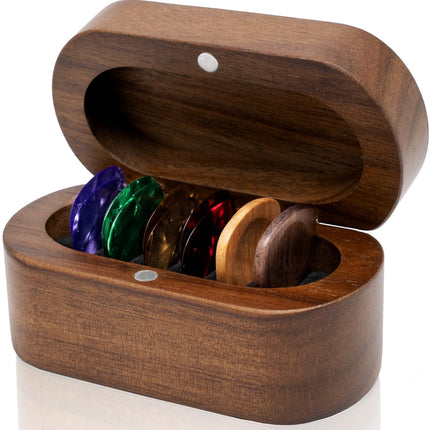 Guitar Pick Holder Set with 2 Color Wood Picks and 8 Celluloid Picks in 3 Thicknesses, Wooden Guitar Pick Case, Mini Jewelry Box, Guitar Music Accessories for Guitar Lover Player