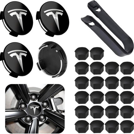 4 Pack Car Wheel Center Hub Cap Kit with 22 Lug Nut Covers, 2.2 in (56mm) Wheel Rim Covers Center Hubcaps with Emblem for Model 3 / Model Y, Black & Silver Exterior Decoration for Tesla