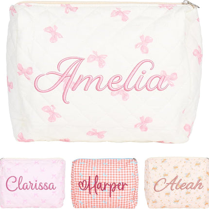 Personalized Large Quilted Makeup Bag with Embroidered Name, Custom Cotton Toiletry Cosmetic Pink Pouch, Monogram Travel Floral Organizer for Women Girl Bachelorette Party Birthday Christmas Gift