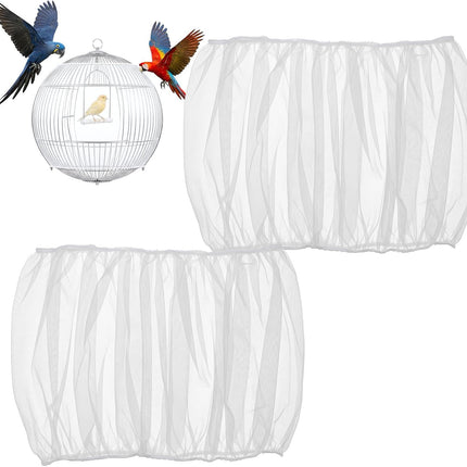 2Pcs Bird Cage Seed Catcher, Adjustable Bird Cage Skirt Cover, White Stretchy Birds Cages Netting for Round Square Parrot Parakeet Macaw African Cages