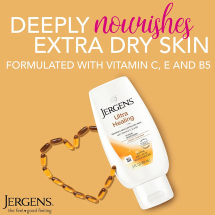 Jergens Ultra Healing Dry Skin Lotion, Hand and Body Moisturizer for Quick Absorption into Extra Dry Skin with Hydralucence Blend, Vitamins C, E and B5, White, 3 oz, Pack of 3