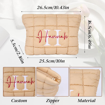 Personalized Puffer Quilted Makeup Bag with Embroidered Name, Custom Toiletry Cosmetic Pink Pouch for Girl, Monogram Travel Organizer for Women Bachelorette Party Bridal Wedding & Birthday Gifts