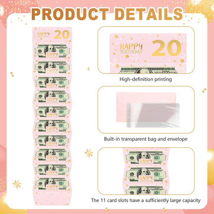ysmile Pink 20th Birthday Money Envelope for Cash Gift Holder with Greeting Card for Girl Women Surprise Gift Idea with Clear Plastic Bag