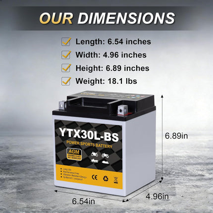 YTX30L-BS Motorcycle Battery 12V 30Ah 400CCA, Maintenance Free Sealed AGM Powersport Battery, Replacement for ATV UTV Harley, YTX30L-BS / ETX30LA / YIX30L