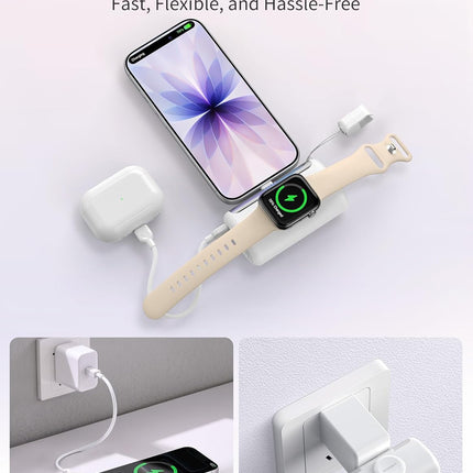 Portable Charger, 10000mAh PD 22.5W Fast Charging Mini Power Bank with Built-in USB C Connector, 3-in-1 Battery Pack for iPhone 17/16/15 Pro/Max, Apple Watch Ultra/11/10/SE, iPad, Pink