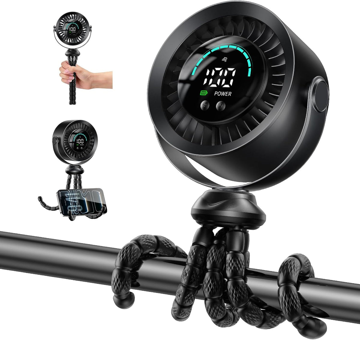 Portable Baby Stroller Fan, 360° Adjustable Quiet Rechargeable USB Clip Fan with LED Display, 100 Speeds, Black